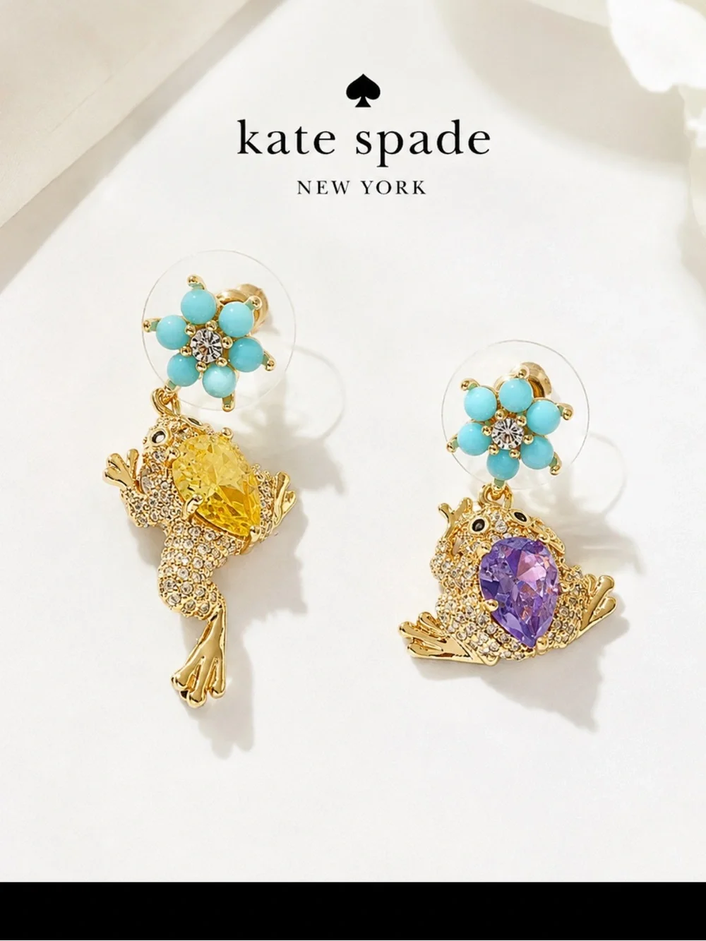 kate spade Gold Frog Earrings with Turquoise, Yellow & Purple Stones